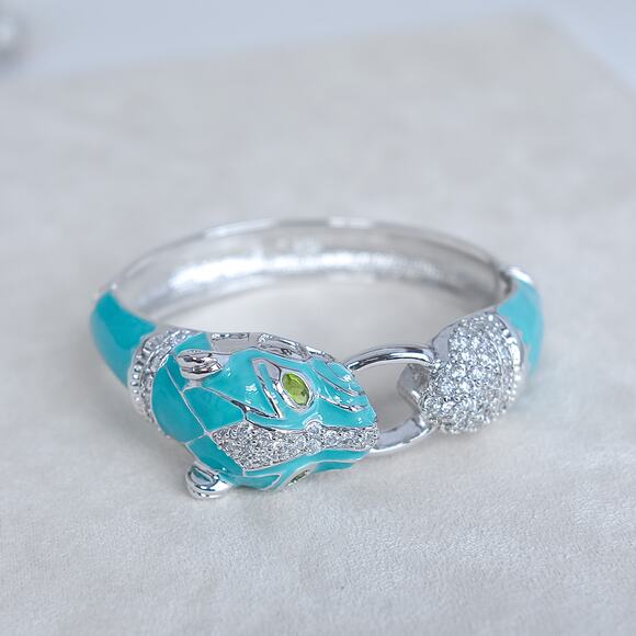 Vintage NOIR Blue Enamel Panther Head Clamper Bracelet Gold Tone Rhinestone 7¼" - Picture 8 of 11